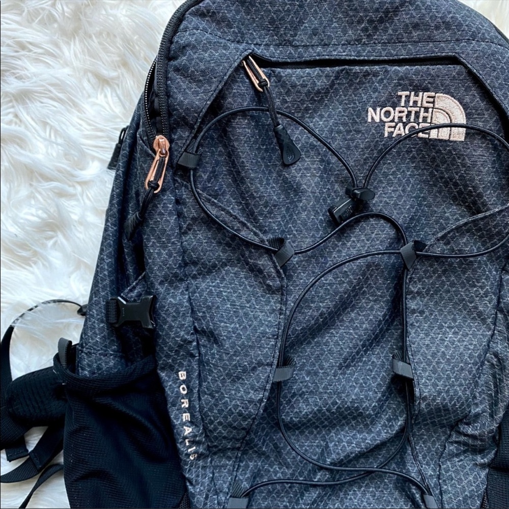 North Face Black Borealis Backpack with Rose Gold Details